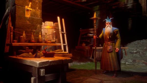 A RuneScape: Dragonwilds screenshot showing a wizard in a blue hat standing beside a table with potions in a dimly lit room.