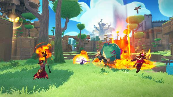Screenshot of Farever showing players battling a large green monster with fiery attacks in a vibrant, grassy landscape.