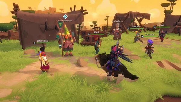 Screenshot from the game Farever showing players and NPCs interacting in a colorful outdoor market with tents and grass.