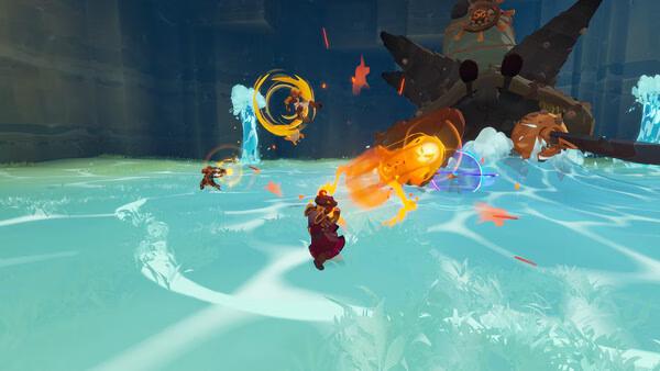 Farever screenshot: Players in vibrant combat against a fiery boss in a water-filled arena, showcasing dynamic action effects.