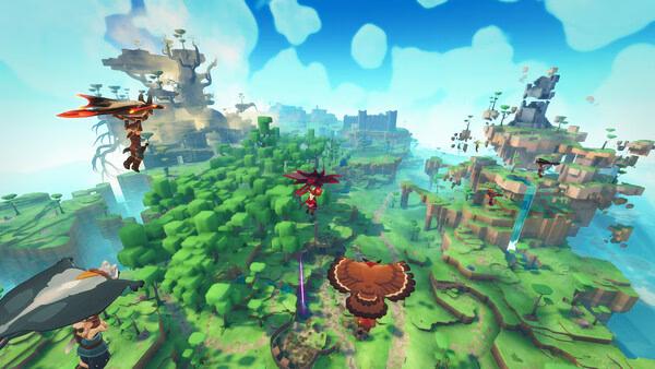 Screenshot from Farever showing characters flying over a lush forest with floating islands and a bright, cloudy sky.