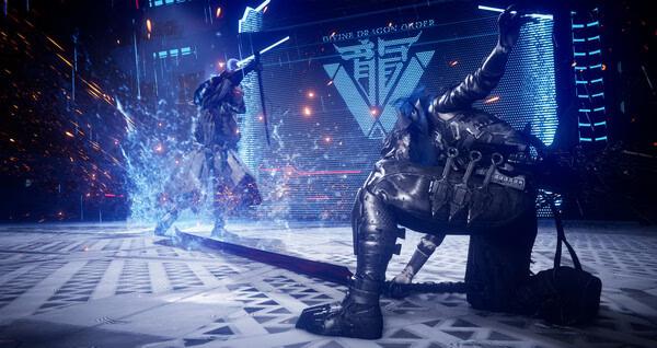 A screenshot from NINJA GAIDEN 4 showing two ninjas mid-battle, wielding glowing swords in a futuristic arena.