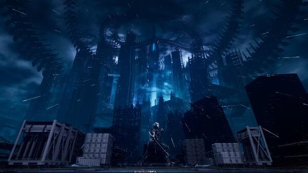NINJA GAIDEN 4 screenshot: A lone ninja stands poised with a sword in a dark, futuristic cityscape under a swirling, ominous sky.