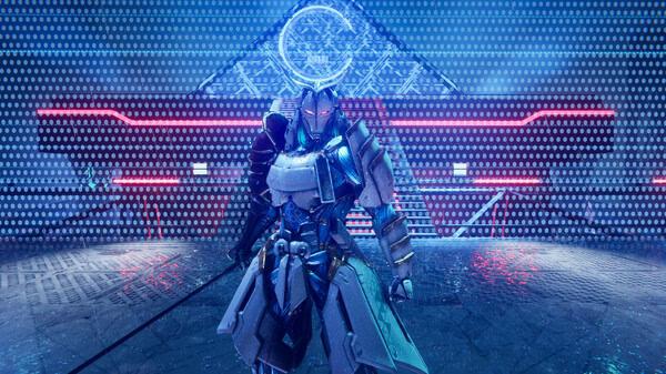 NINJA GAIDEN 4 screenshot: A futuristic ninja in armor stands poised with a sword under a glowing blue symbol in a digital arena.