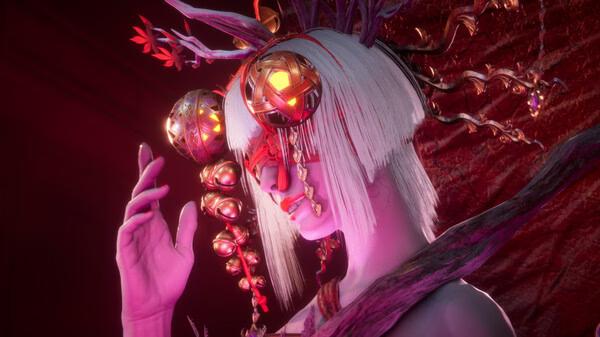A screenshot from NINJA GAIDEN 4 showing a mystical character with elaborate headgear and glowing ornaments in a red-lit scene.