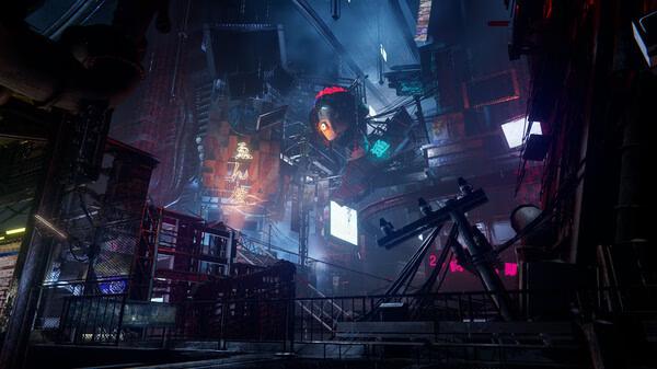NINJA GAIDEN 4 screenshot: A dimly lit, futuristic cityscape filled with neon signs and towering structures under a moody sky.