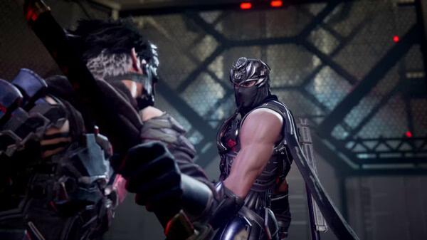 Screenshot from NINJA GAIDEN 4 showing two ninjas facing off, one wielding a sword in a futuristic, dimly lit arena.