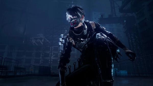 NINJA GAIDEN 4 screenshot: A masked ninja crouches in a dark, industrial setting, equipped with armor and holding a sword.