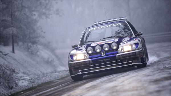 Screenshot from Assetto Corsa Rally showing a rally car navigating a snowy, forested track at high speed.