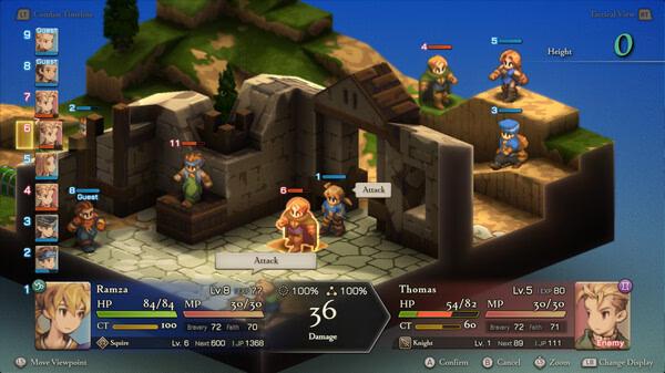 Screenshot from FINAL FANTASY TACTICS - The Ivalice Chronicles showing a tactical battle with characters preparing to attack in a stone fortress.