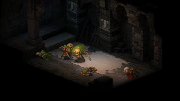 Screenshot of FINAL FANTASY TACTICS - The Ivalice Chronicles showing two characters battling enemies in a dimly lit stone dungeon.