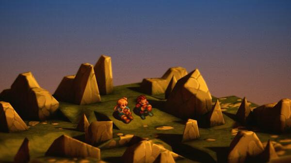 Screenshot of FINAL FANTASY TACTICS - The Ivalice Chronicles: two characters sit among rocky terrain under a twilight sky.