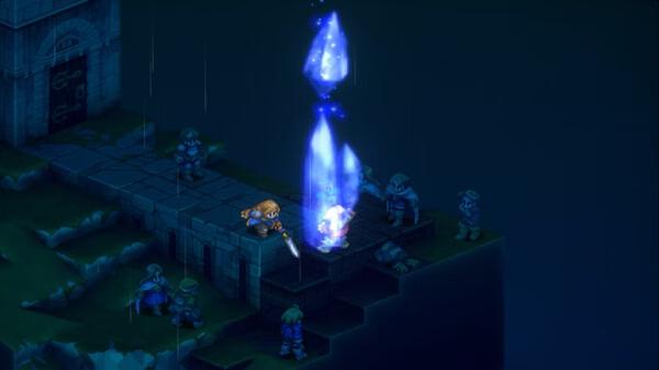 Screenshot from FINAL FANTASY TACTICS - The Ivalice Chronicles: a knight wields a sword near glowing magic crystal on a dark stone platform.