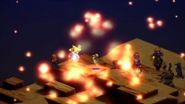 Screenshot from FINAL FANTASY TACTICS - The Ivalice Chronicles showing characters casting a spell on a rocky terrain.