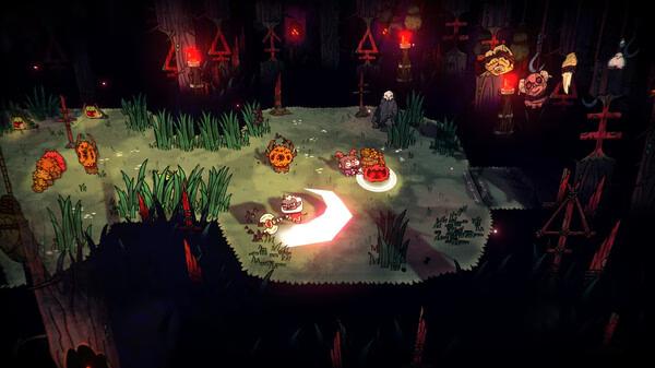 Screenshot from Cult of the Lamb showing a lamb character navigating through a dark forest with eerie red lights and symbols.