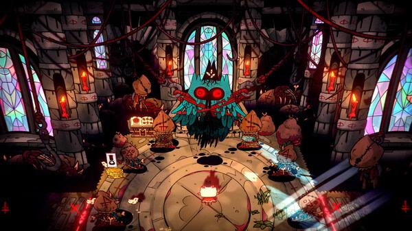 Cult of the Lamb screenshot: A lamb cult leader stands in a gothic temple surrounded by followers and glowing stained glass windows.