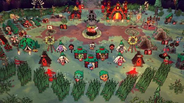 Cult of the Lamb screenshot: A vibrant village with various buildings, decorations, and followers tending to crops and tasks.