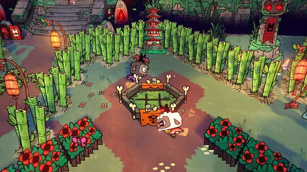Cult of the Lamb screenshot: Two cartoonish characters interact in a colorful garden with bamboo, lanterns, and red flowers.