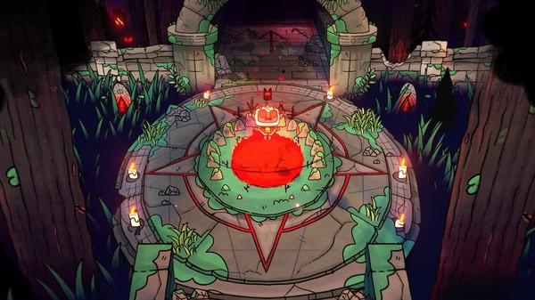 Cult of the Lamb screenshot: A lamb stands on a ritual circle surrounded by candles and ruins in a dark forest.
