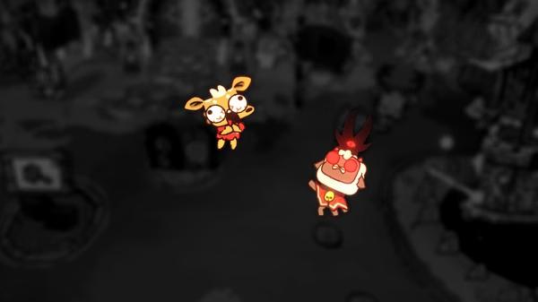 Screenshot from Cult of the Lamb showing two cartoon characters in a dark, atmospheric setting.
