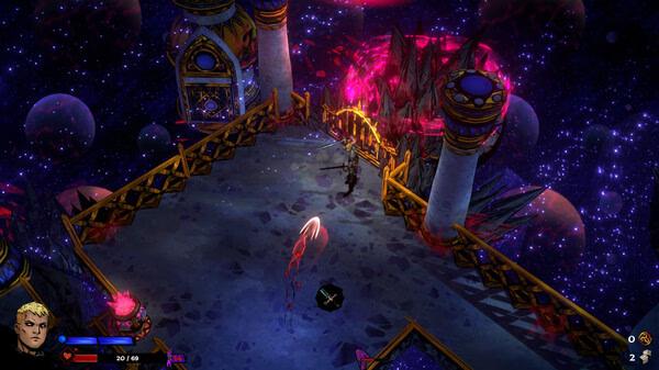 Screenshot from the game SWORN showing a character exploring a cosmic platform with glowing red crystals and floating orbs.