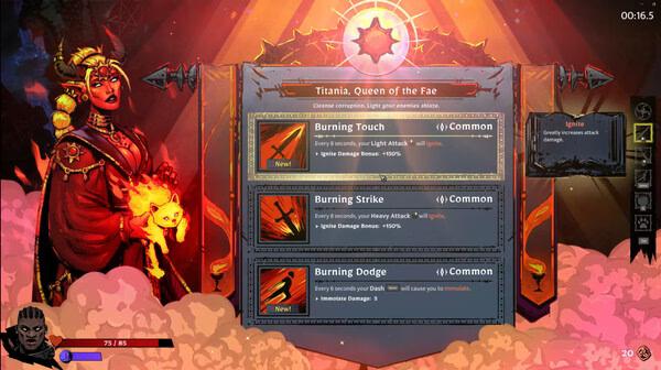 SWORN screenshot: Titania, Queen of the Fae, stands with a fiery background, displaying three burning attack options for a player to choose.