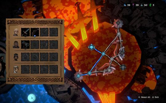 SWORN screenshot: A player navigates a fiery map interface with character portraits and item slots on the left panel.