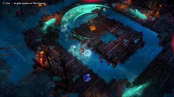 Screenshot from SWORN: A character casts a magical attack on a wooden bridge surrounded by water and glowing symbols.