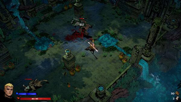 Screenshot from SWORN showing a warrior battling a monster in an ancient, overgrown temple with flowing water.