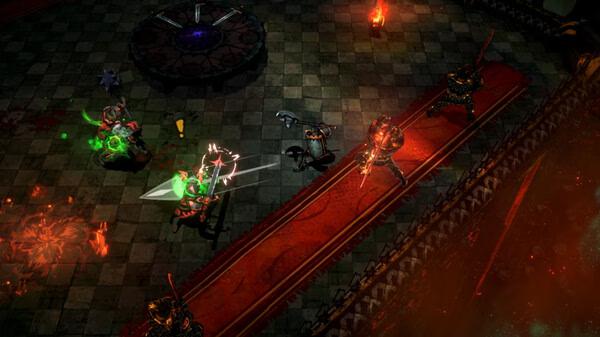Screenshot from the game SWORN shows a battle scene with armored characters on a red carpet in a dark, dungeon-like environment.