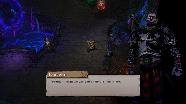SWORN screenshot: Lancelot stands in a dark, mystical courtyard, speaking about ending Camelot's nightmare. Magical elements surround him.