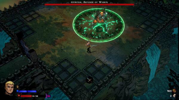 SWORN screenshot: A lone warrior faces Gavran, Butcher of Wieral, surrounded by glowing green energy on a cliffside arena.