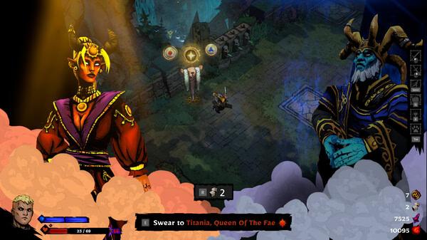 SWORN screenshot: A player character faces Titania, Queen of the Fae, with health bars and abilities displayed on-screen.