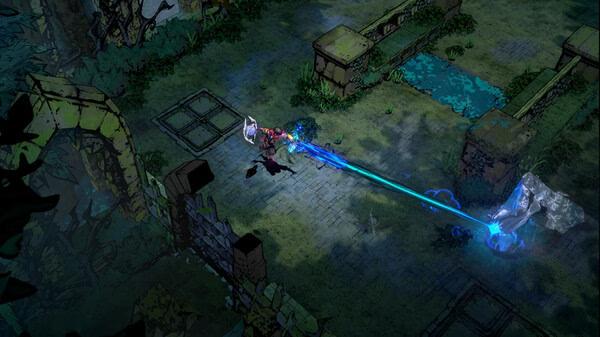A screenshot from SWORN shows a character wielding a sword, attacking with a glowing blue energy beam in a ruined, overgrown area.