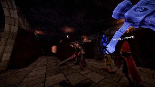 Screenshot from YAPYAP showing a knight character wielding a sword in a dimly lit castle corridor with glowing blue text.