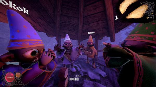 Screenshot from YAPYAP game showing four characters in colorful hats under a wooden shelter in a misty forest.