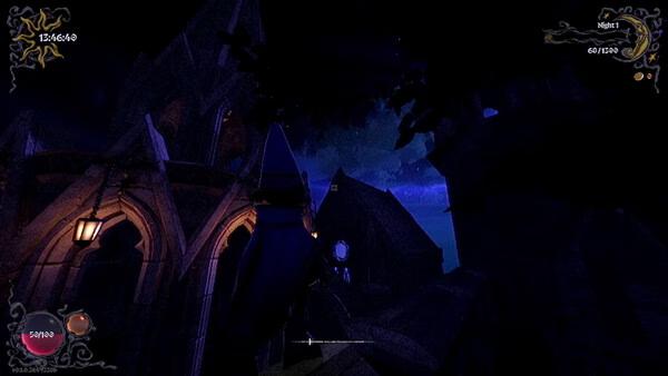 YAPYAP screenshot: A cloaked figure stands in a dark, ominous medieval town at night, with glowing lights and towering structures.