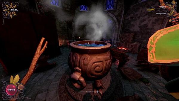 Screenshot from YAPYAP: A large cauldron emits steam in a dimly lit room, surrounded by medieval decor and glowing embers.