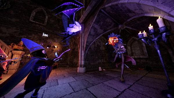 YAPYAP screenshot: A wizard casts a spell at a flying creature in a dimly lit stone chamber.