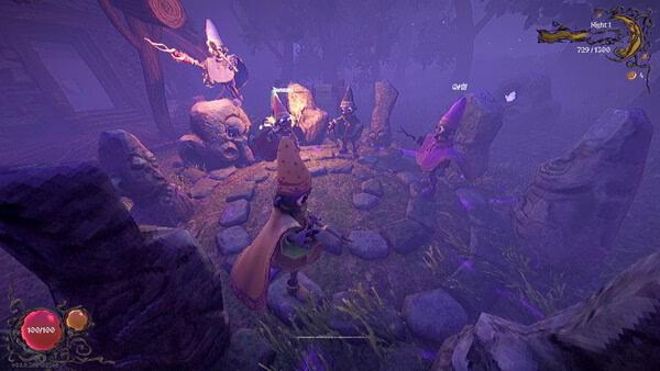 Screenshot from YAPYAP game showing characters in colorful outfits gathered in a mystical stone circle at night.