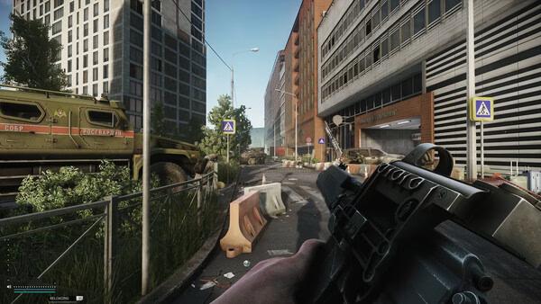 Escape from Tarkov screenshot: A player holds a gun on an urban street with military vehicles and barricades in the background.