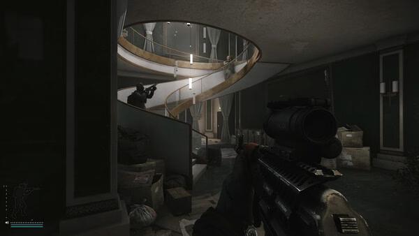 Escape from Tarkov screenshot showing a player with a rifle aiming up a spiral staircase in a dimly lit, cluttered room.