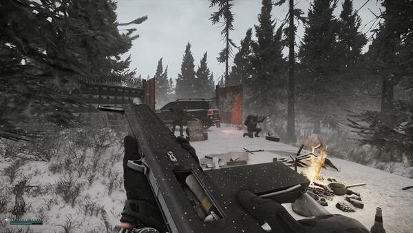 Escape from Tarkov screenshot: A player holds a rifle in a snowy forest, aiming at an enemy near a campfire and barricade.
