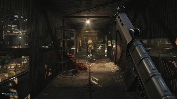 Escape from Tarkov screenshot showing a player aiming a shotgun at an armored figure in a dimly lit industrial hallway.