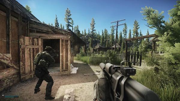 Escape from Tarkov screenshot: A player aims a rifle while another explores a rustic, sunlit outdoor area.