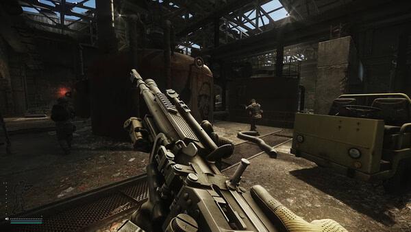 Escape from Tarkov screenshot: A player holds a rifle in a dimly lit industrial warehouse with vehicles and tanks around.