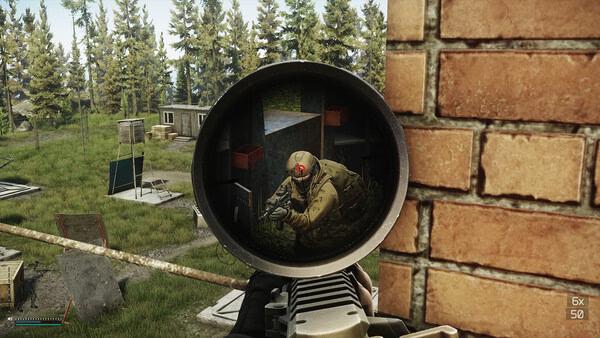 Escape from Tarkov screenshot: A sniper targets an enemy soldier through a scope, with buildings and trees in the background.
