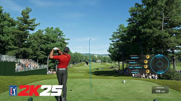 A screenshot from PGA TOUR 2K25 showing a golfer in a red shirt teeing off on a sunny course surrounded by trees.