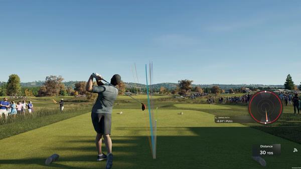 PGA TOUR 2K25 screenshot: A golfer swings on a lush course, aiming for the fairway with spectators in the background.