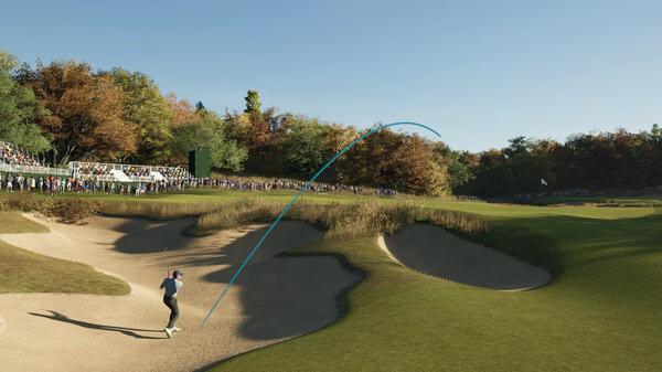 Screenshot from PGA TOUR 2K25 showing a golfer swinging in a sand trap on a sunny day, with a ball trajectory line visible.